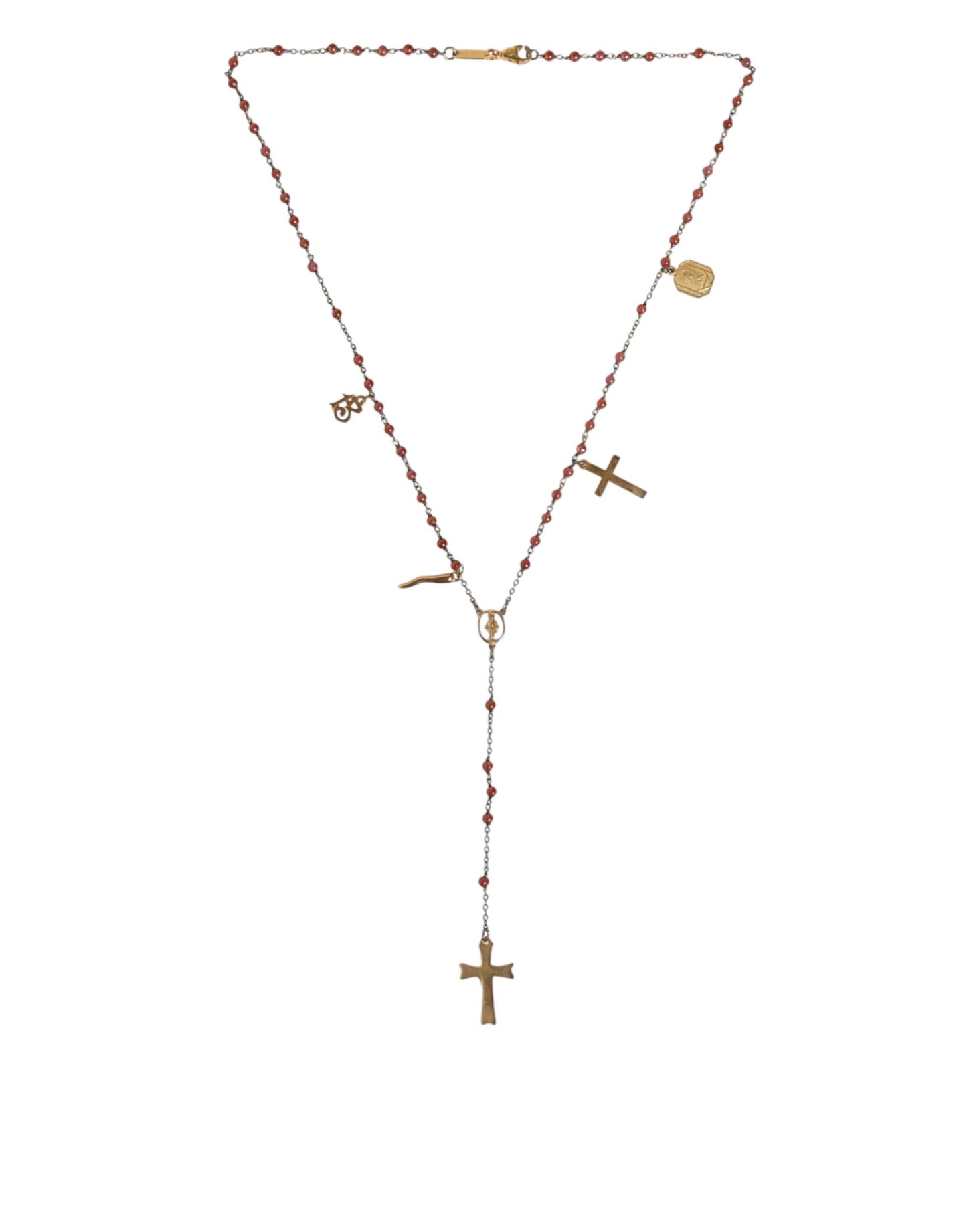 Gold Chain Brass Beaded Rosary Cross Pendant Necklace