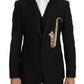 Elegant Black Three-Piece Suit with Saxophone Embroidery