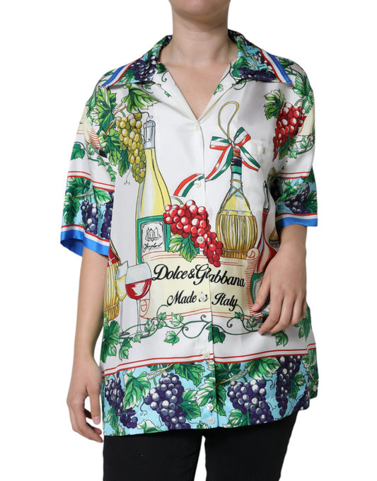 Multicolor Silk Wine Print Shirt Polo Top
