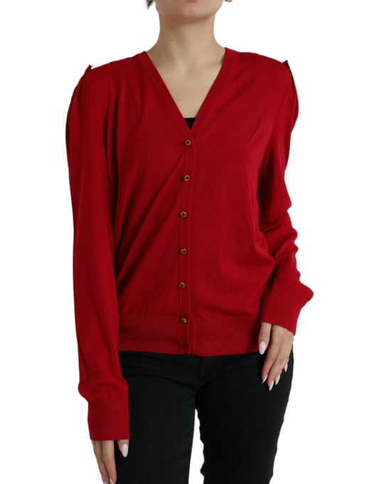 Elegant Red V-Neck Wool Cardigan