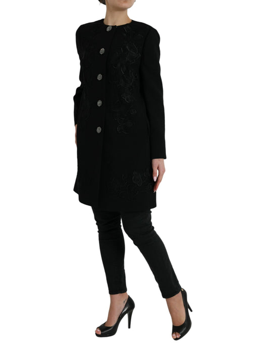 Elegant Floral Buttoned Wool Trench Coat