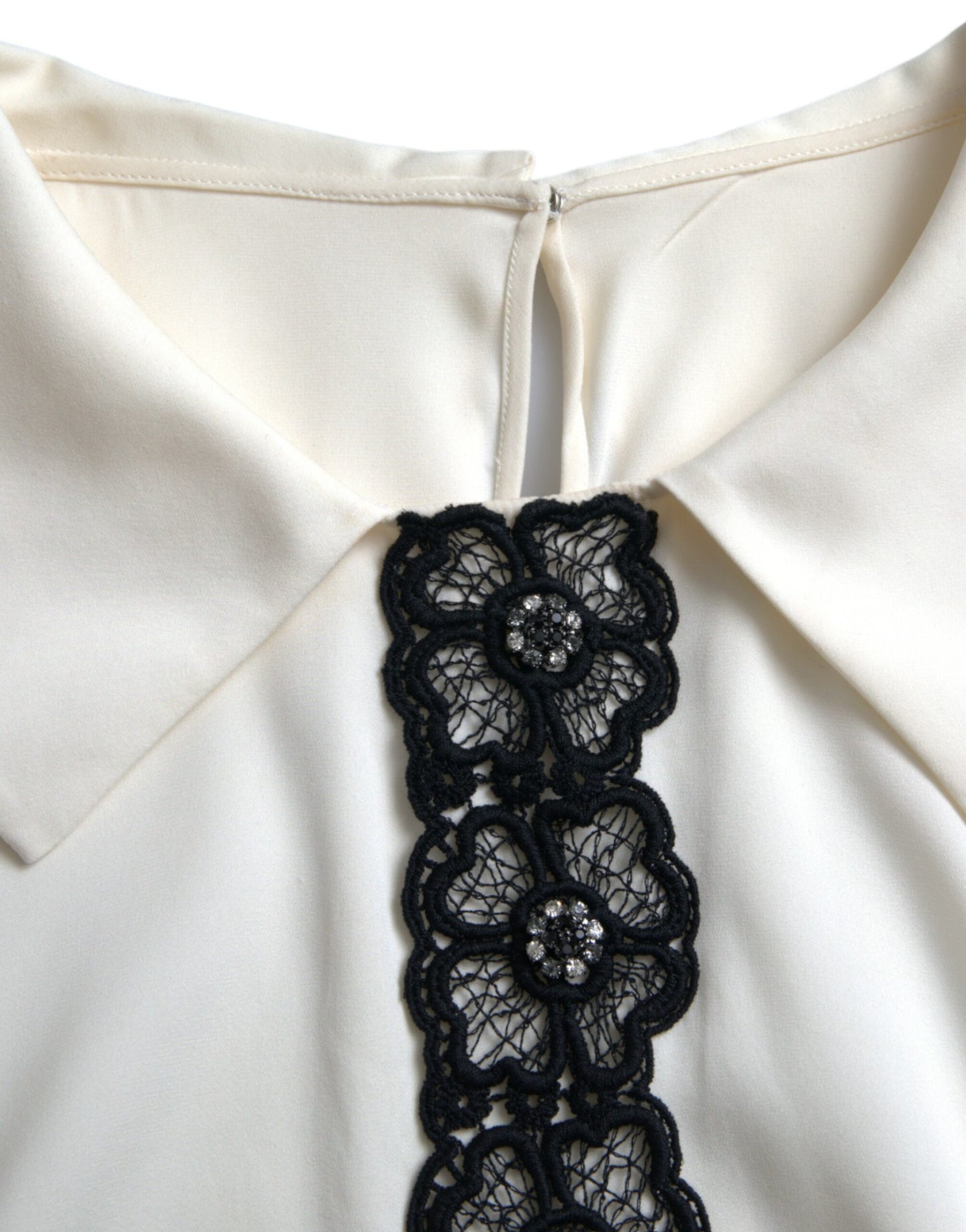 Elegant Off-White Lace-Trim Silk Blouse
