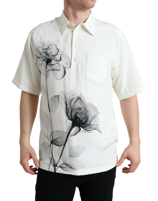 Elegant Floral Printed Silk Polo T-Shirt
