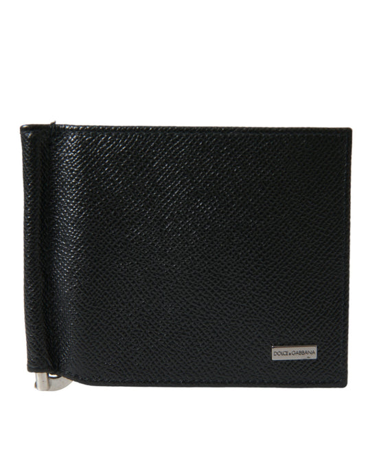 Black Calf Leather Bifold Logo Plaque Card Holder Wallet