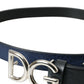 Blue Leather Silver Metal Logo Buckle Belt Men