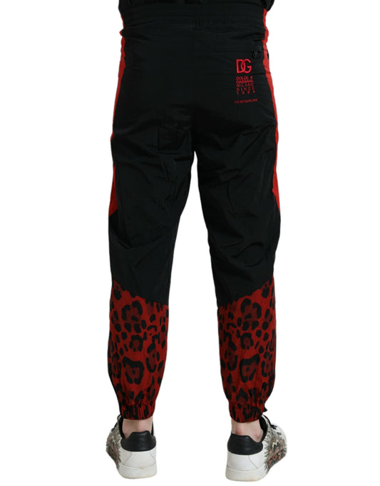 Black Red Leopard Print Nylon Jogger Pants