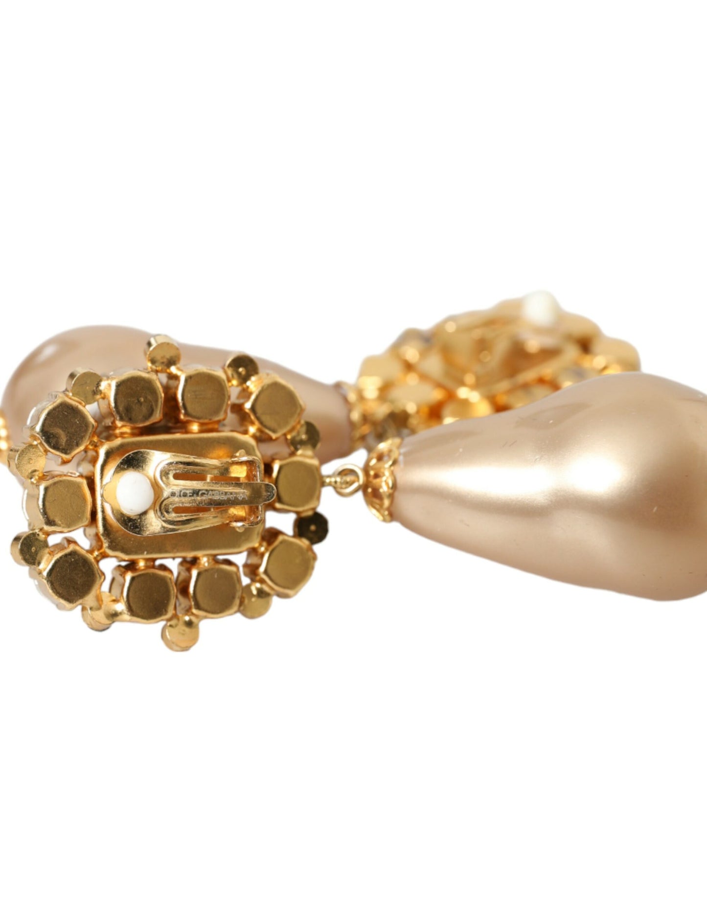 Gold Brass Crystal Faux Pearl Clip On Dangling Earrings