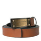Brown Calf Leather Metal Logo Buckle Belt Men