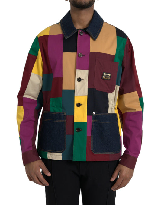 Multicolor Patchwork Cotton Collared Jacket