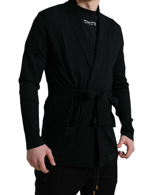 Elegant Black Cashmere Robe with Waist Belt