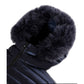 Blue Nylon Women Jacket with Feather Padding and Fur Hood