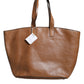 Brown Leather Logo Shoulder Strap Shopping Tote Bag