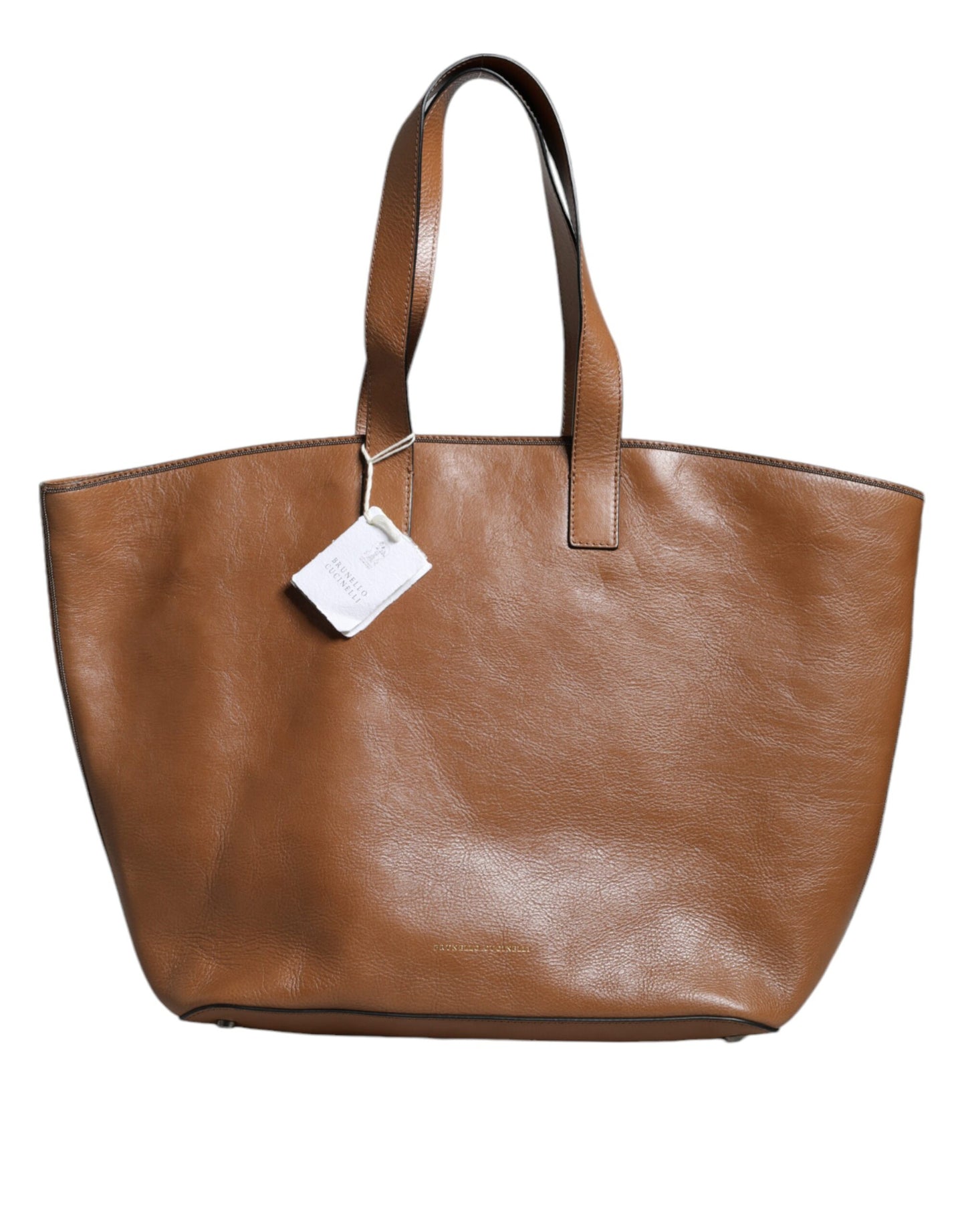 Brown Leather Logo Shoulder Strap Shopping Tote Bag