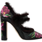 Black Purple Tulip Print Fur Mary Janes Pumps