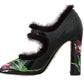 Black Purple Tulip Print Fur Mary Janes Pumps