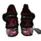 Black Purple Tulip Print Fur Mary Janes Pumps
