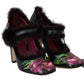 Black Purple Tulip Print Fur Mary Janes Pumps