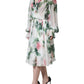 White Silk Floral Print A-line Midi Dress