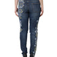 Blue Floral Cotton Stretch Skinny Denim Jeans