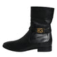 Black Leather Logo Mid Calf Boots Shoes