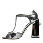 Silver Leather T-strap Heels Sandals Shoes