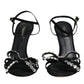 Black Leather Crystal Bow Heels Sandals Shoes