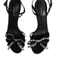 Black Leather Crystal Bow Heels Sandals Shoes