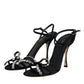 Black Leather Crystal Bow Heels Sandals Shoes