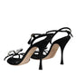 Black Leather Crystal Bow Heels Sandals Shoes