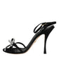 Black Leather Crystal Bow Heels Sandals Shoes