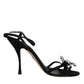 Black Leather Crystal Bow Heels Sandals Shoes