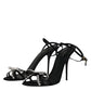Black Leather Crystal Heels Sandals Shoes