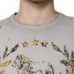 Gray Printed Cotton Crewneck Pullover Sweater