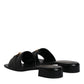 Black Leather Logo Plaque Slip On Slides Flats Shoes
