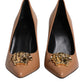 Brown Leather Logo Plaque High Heels Pumps Shoes