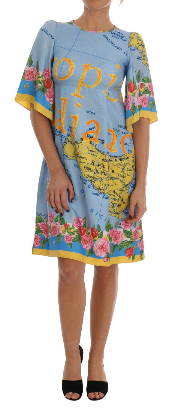 Sicilian Charm Silk Dress with Map Print