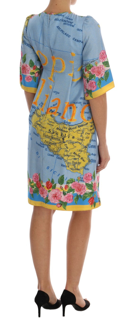 Sicilian Charm Silk Dress with Map Print