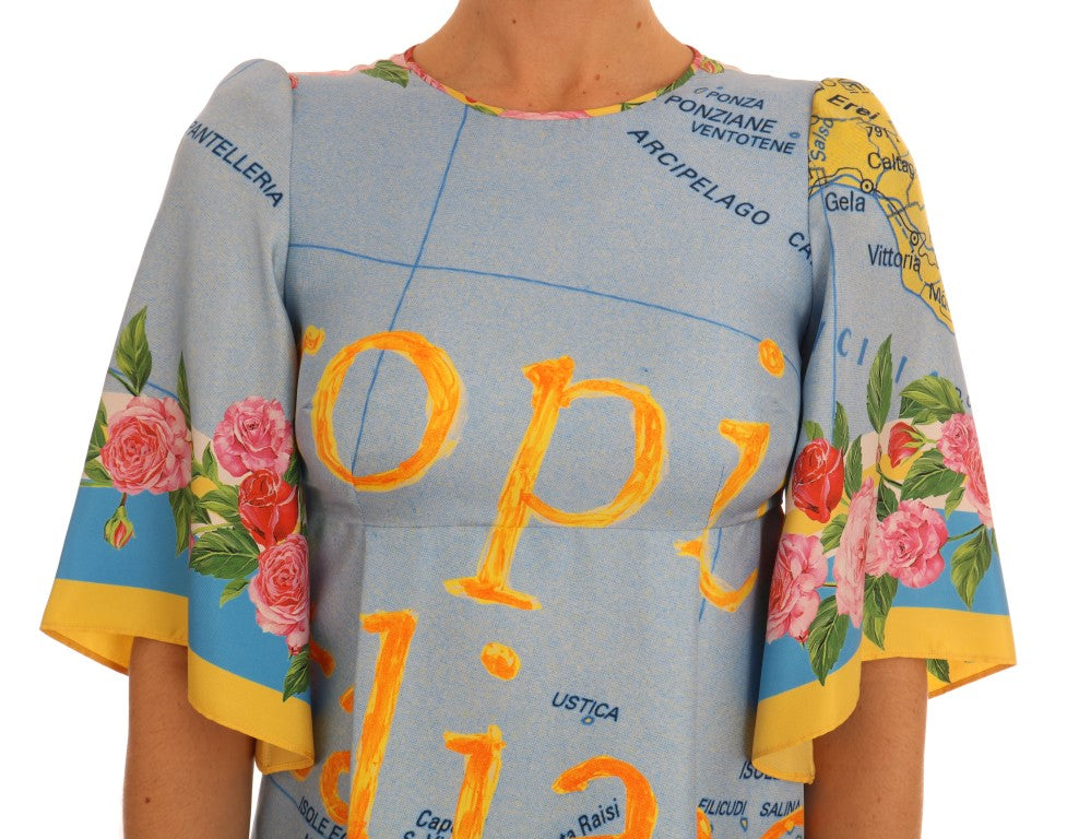 Sicilian Charm Silk Dress with Map Print