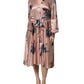 Pink Satin Floral Long Sleeves A-line Midi Dress