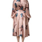 Pink Satin Floral Long Sleeves A-line Midi Dress