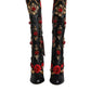 Black Roses Embellished Leather Heel Boots Shoes