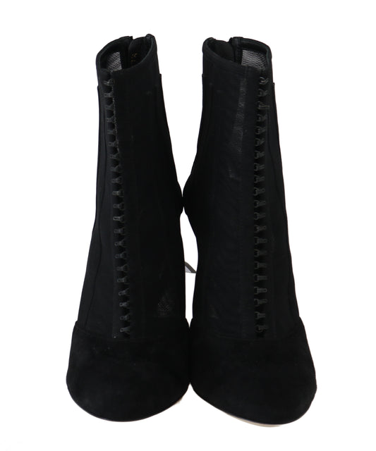 Elegant Black Suede & Tulle Ankle Booties