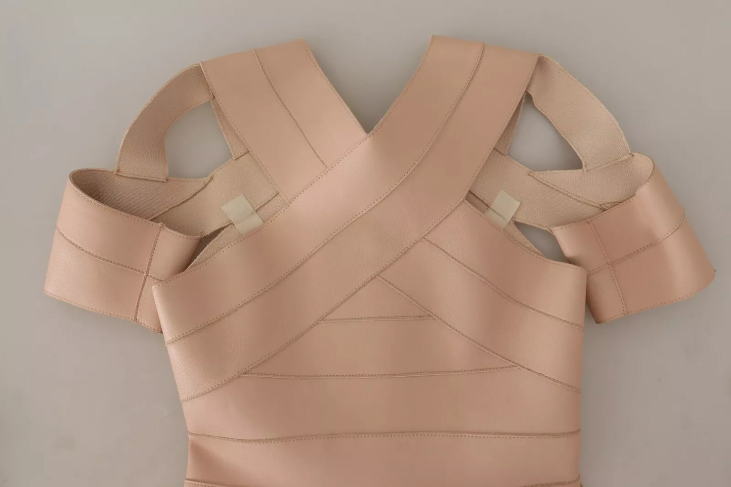 Beige Leather Open Shoulder Sheath Mini Dress
