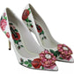 White Leather Roses Crystal Pumps Shoes