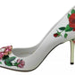 White Leather Roses Crystal Pumps Shoes