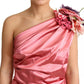 Pink Draped Midi Flower Applique Dress
