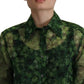 Green Clover Print Long Sleeves Collared Top Blouse