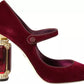 Red Velvet Gold Crystals Heels Mary Janes Shoes