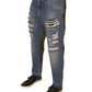 Blue Tattered Straight Cropped Denim Jeans
