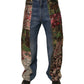 Blue Patchwork Cotton Straight Denim Jeans
